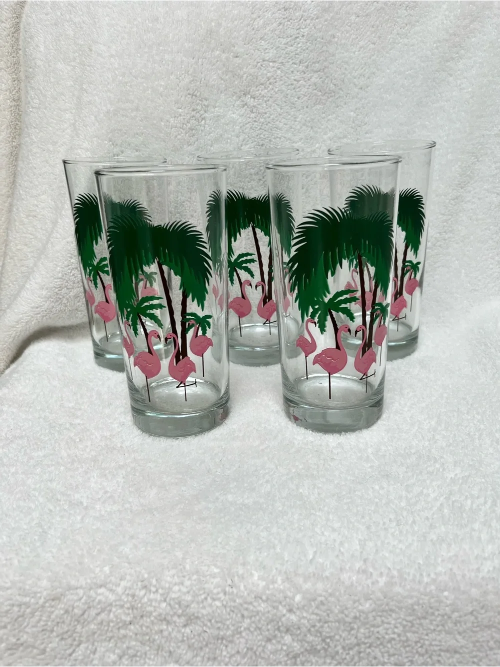 Tropical Flamingo Vintage Highball Glass - Pink & Green Set  Of 5 Holds 12  EUC